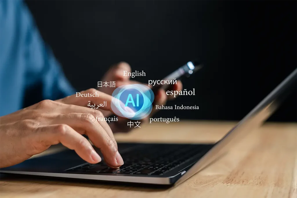 Hands typing on a laptop with an AI icon surrounded by language names, building a multilingual website for Japan